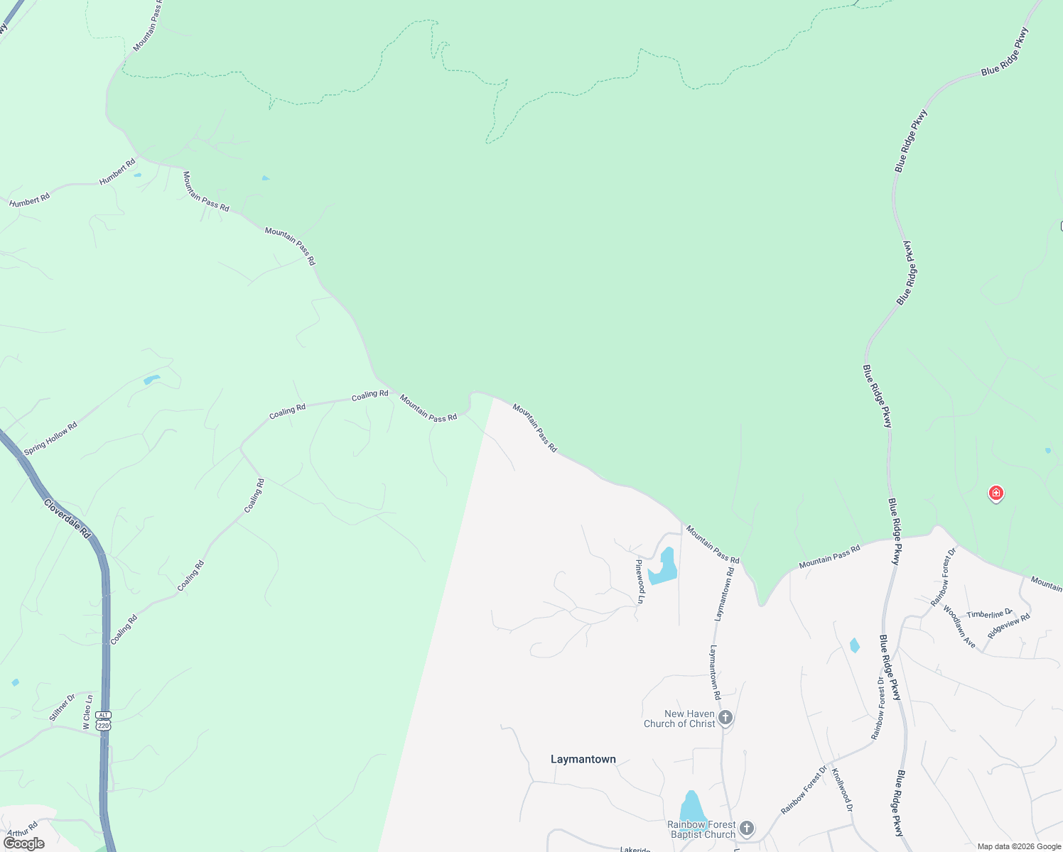 map of restaurants, bars, coffee shops, grocery stores, and more near 3045 Mountain Pass Road in Troutville
