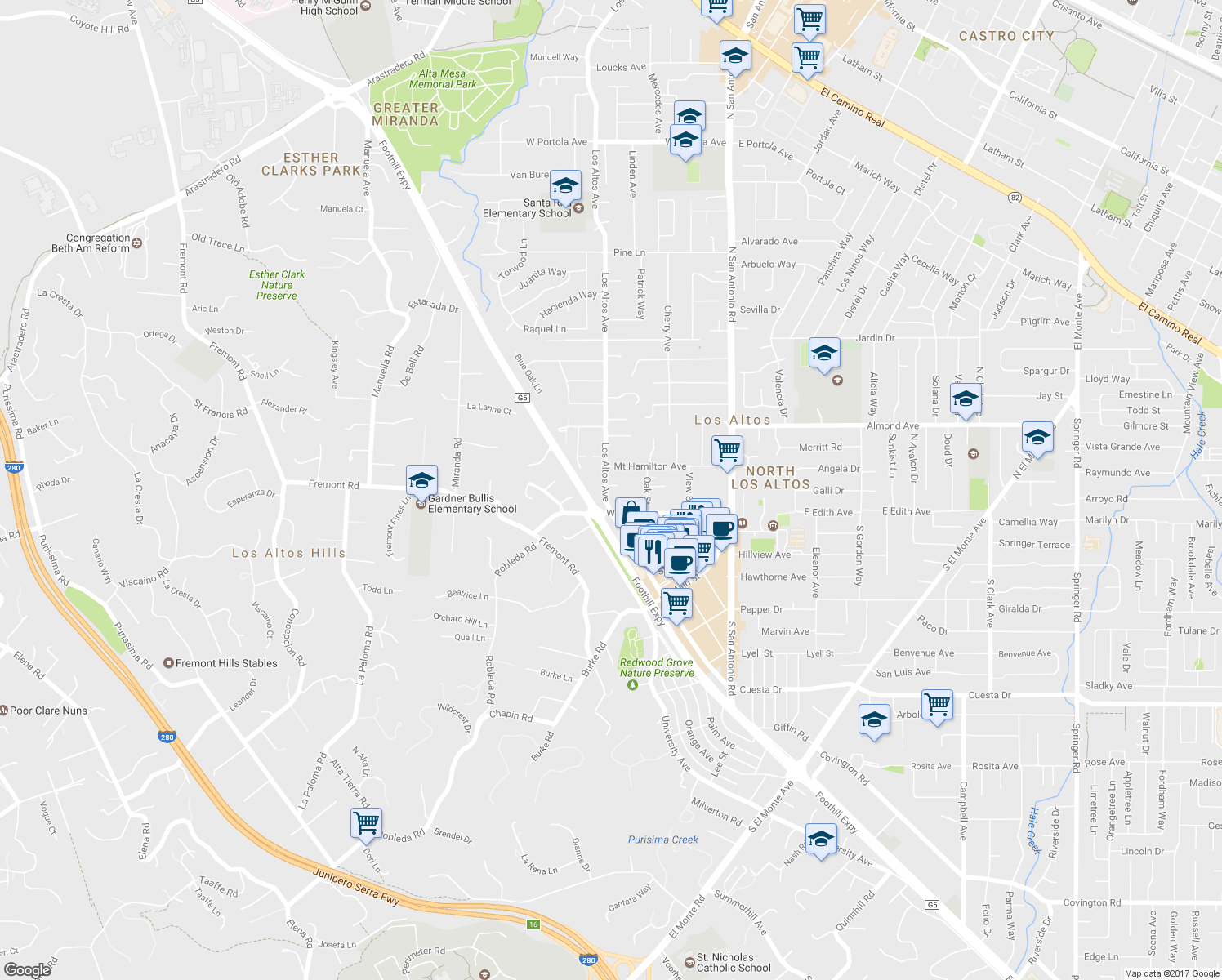 map of restaurants, bars, coffee shops, grocery stores, and more near 49 Los Altos Avenue in Los Altos