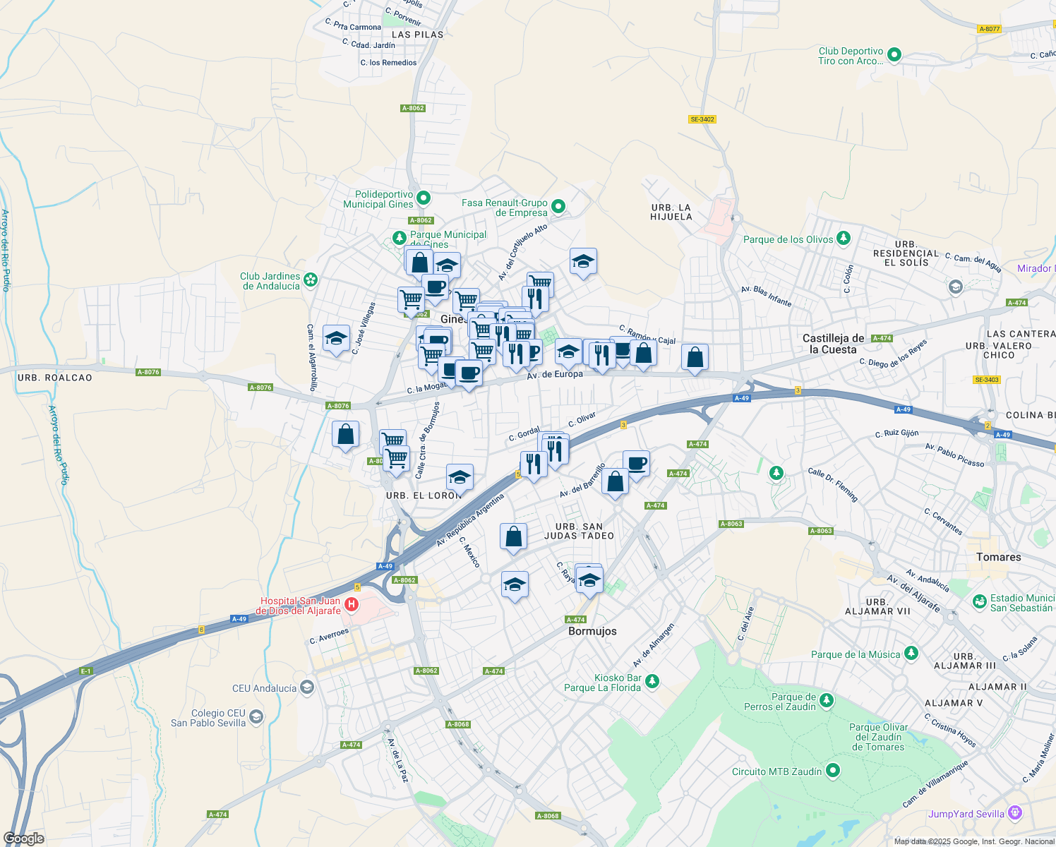 map of restaurants, bars, coffee shops, grocery stores, and more near 32 Calle Santa Ángela de la Cruz in Gines
