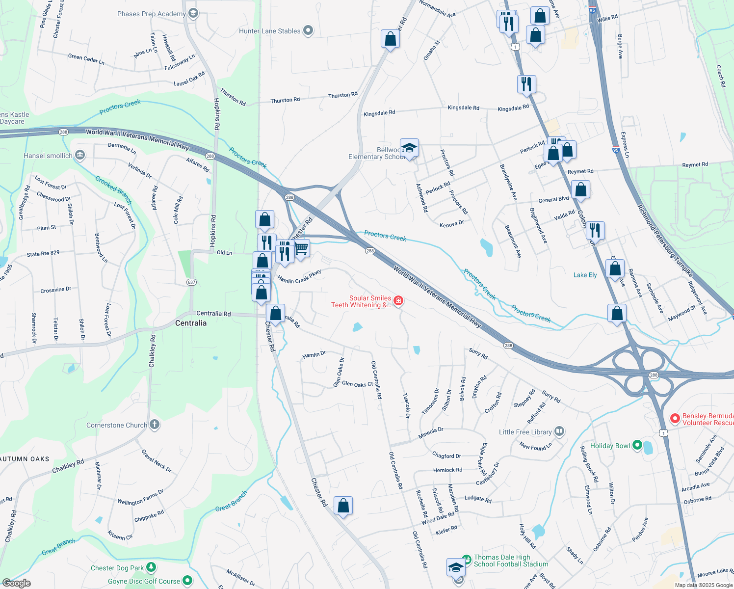 map of restaurants, bars, coffee shops, grocery stores, and more near 3637 Hamlin Creek Parkway in Chester