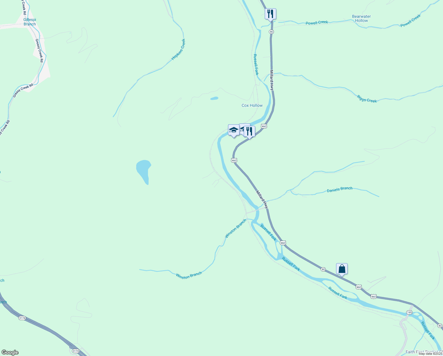 map of restaurants, bars, coffee shops, grocery stores, and more near 375 Winwright Road in Pikeville