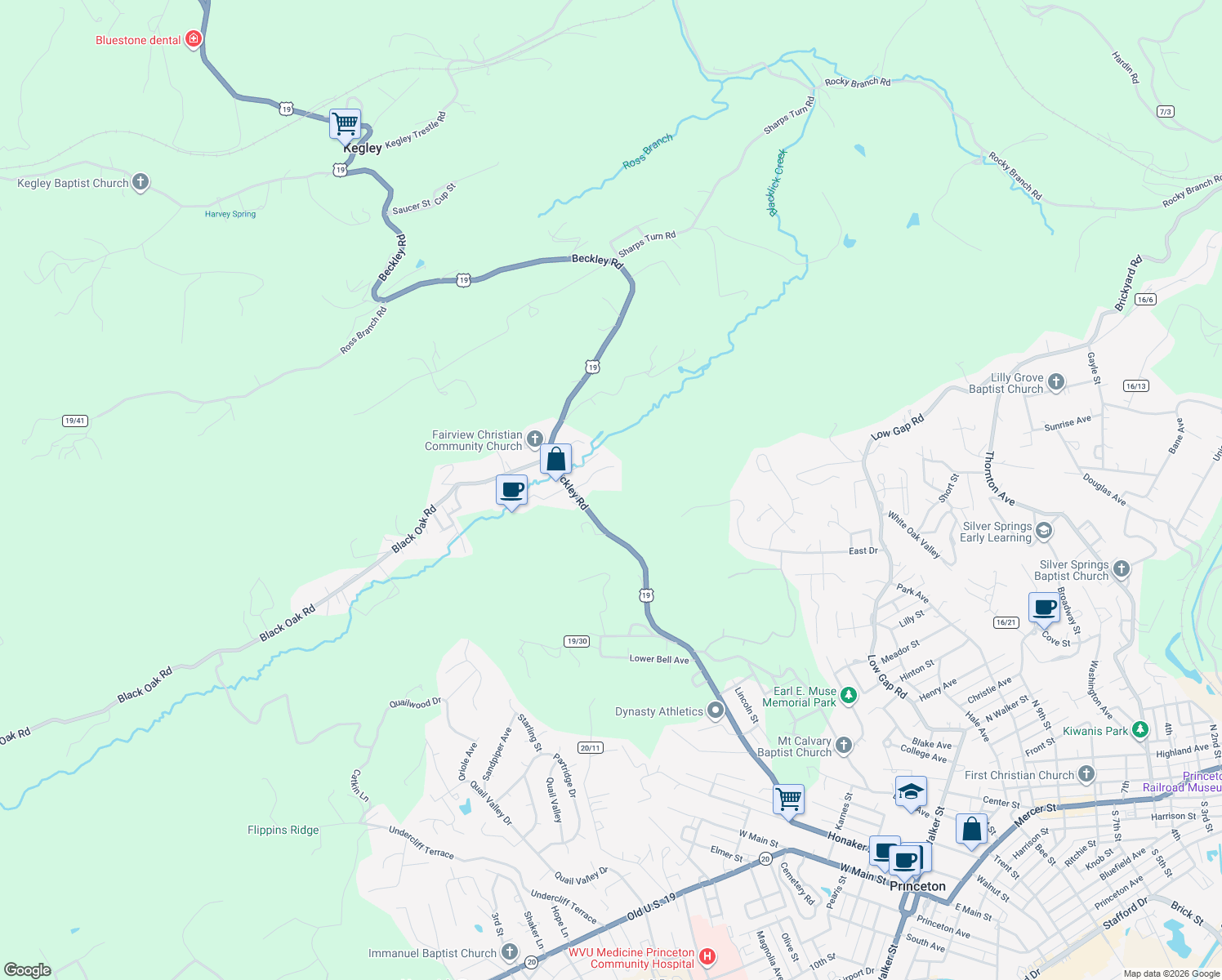 map of restaurants, bars, coffee shops, grocery stores, and more near 1142 Beckley Road in Princeton