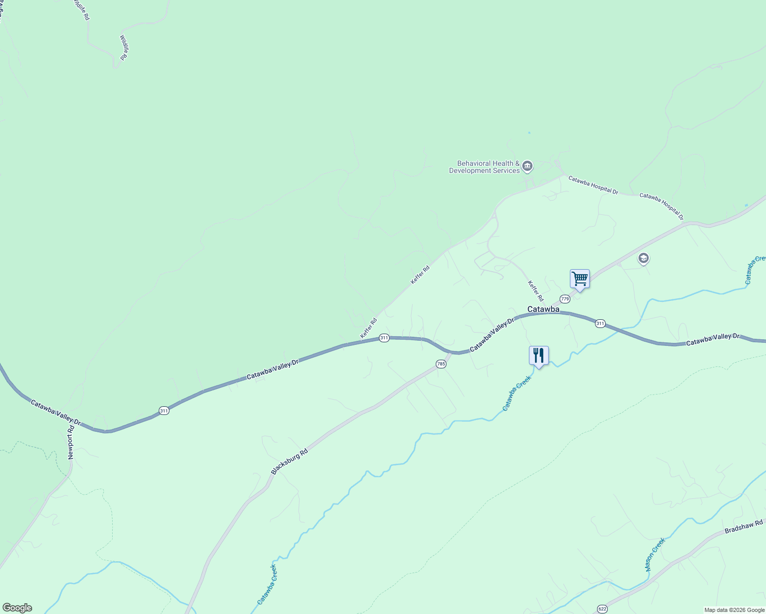 map of restaurants, bars, coffee shops, grocery stores, and more near 5380 Keffer Rd in Catawba