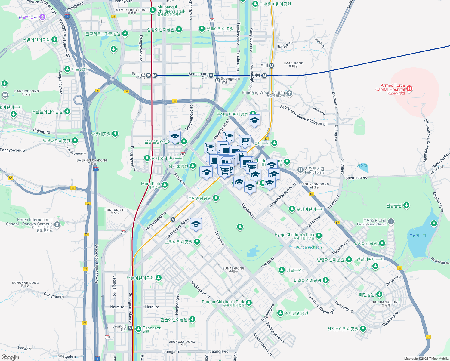 map of restaurants, bars, coffee shops, grocery stores, and more near in Seongnam-si