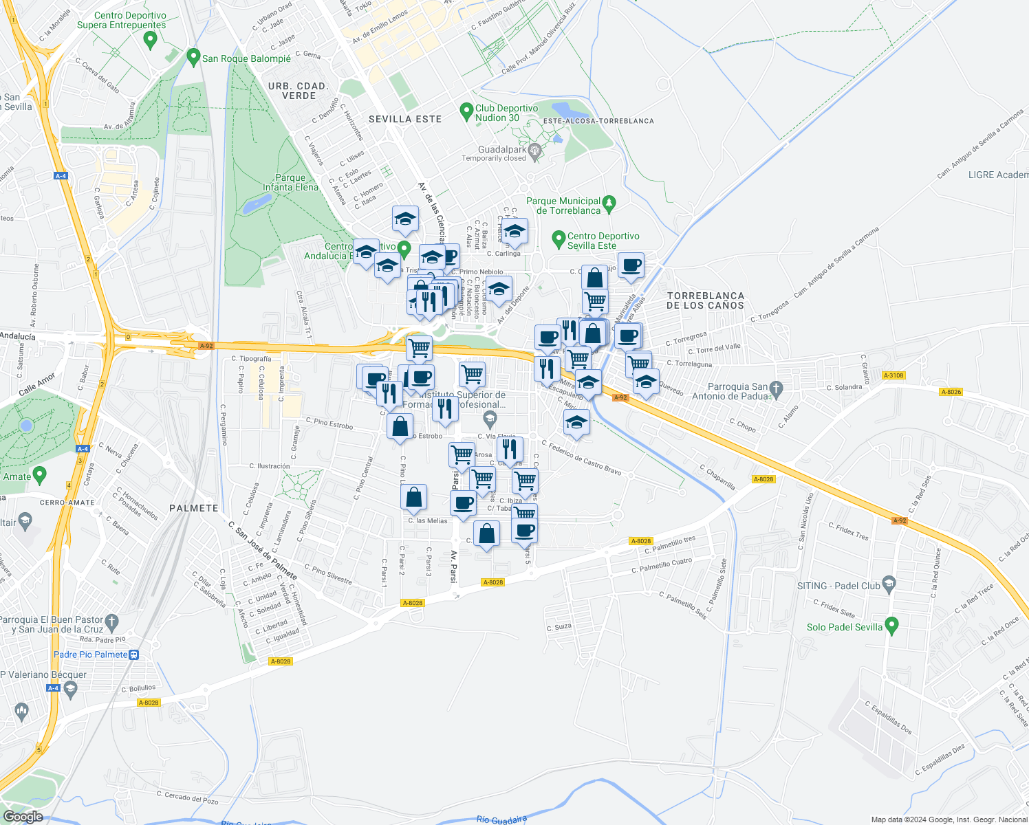 map of restaurants, bars, coffee shops, grocery stores, and more near 20 Calle Vía Latina in Sevilla