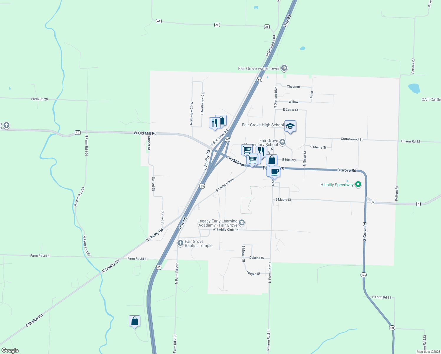 map of restaurants, bars, coffee shops, grocery stores, and more near 70 South Rock Ridge Street in Fair Grove