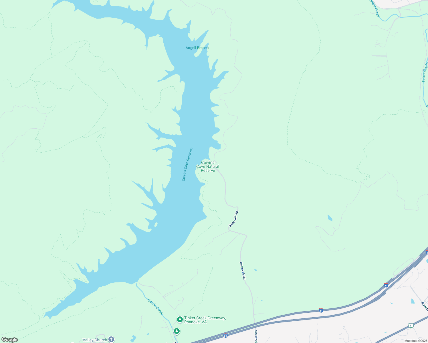 map of restaurants, bars, coffee shops, grocery stores, and more near 9590 Reservoir Road in Roanoke