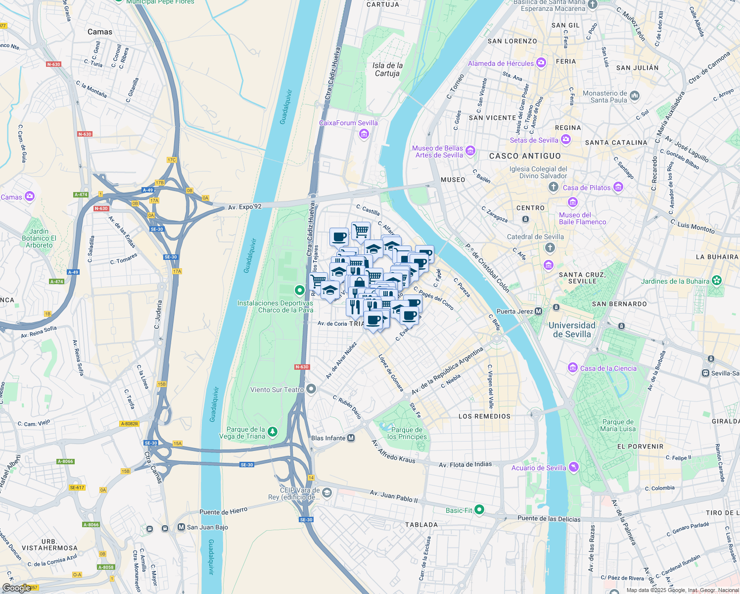 map of restaurants, bars, coffee shops, grocery stores, and more near 7 Calle Maestro Guerrero in Sevilla