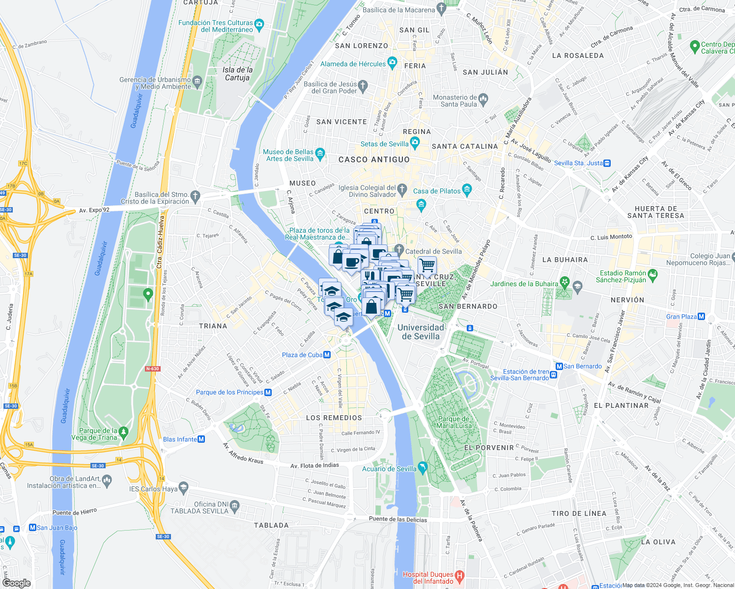 map of restaurants, bars, coffee shops, grocery stores, and more near 6 Calle Postigo del Carbón in Sevilla