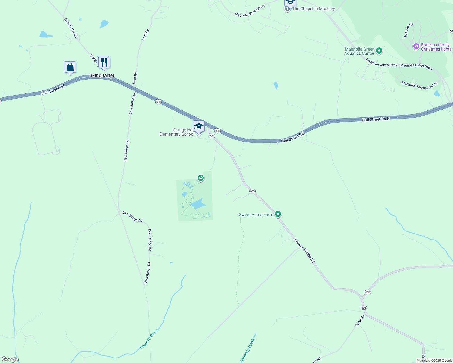map of restaurants, bars, coffee shops, grocery stores, and more near 8520 Beaver Bridge Rd in Moseley