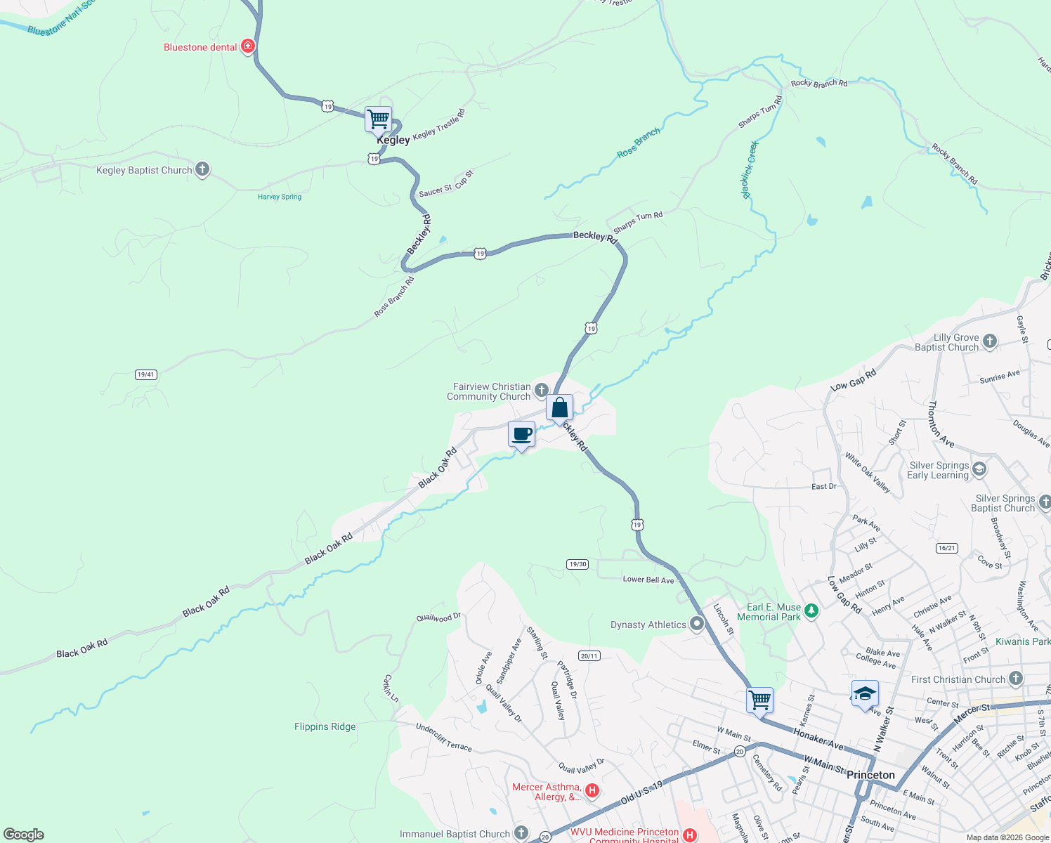 map of restaurants, bars, coffee shops, grocery stores, and more near 183 Black Oak Road in Princeton