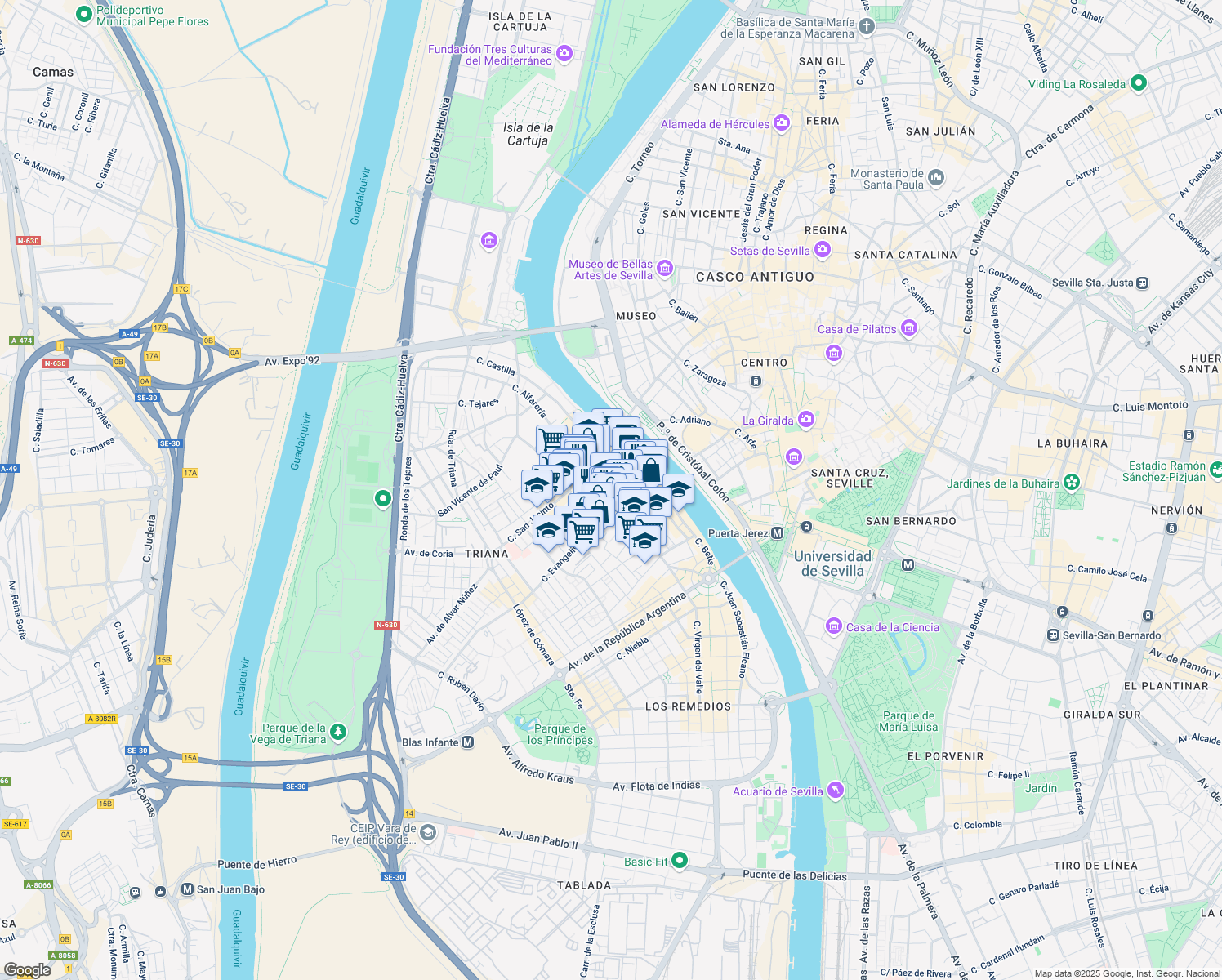 map of restaurants, bars, coffee shops, grocery stores, and more near 31 Calle Fabié in Sevilla