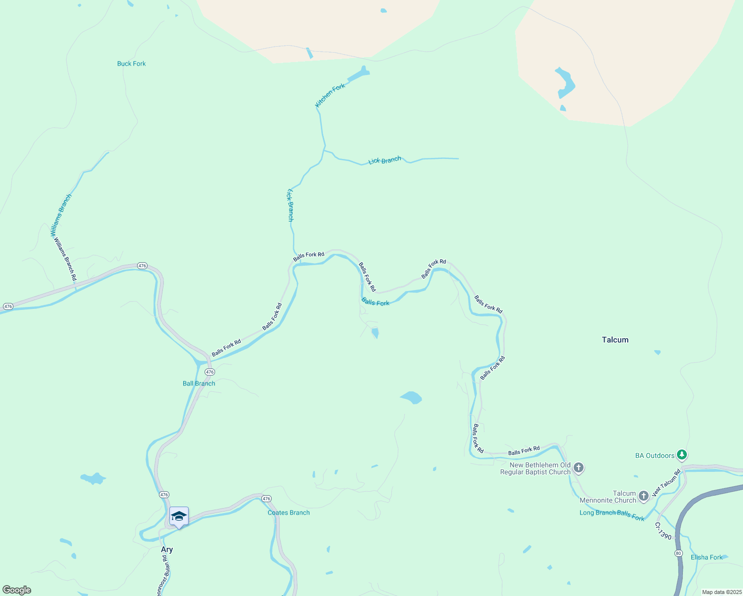 map of restaurants, bars, coffee shops, grocery stores, and more near 819 Balls Fork Road in Ary