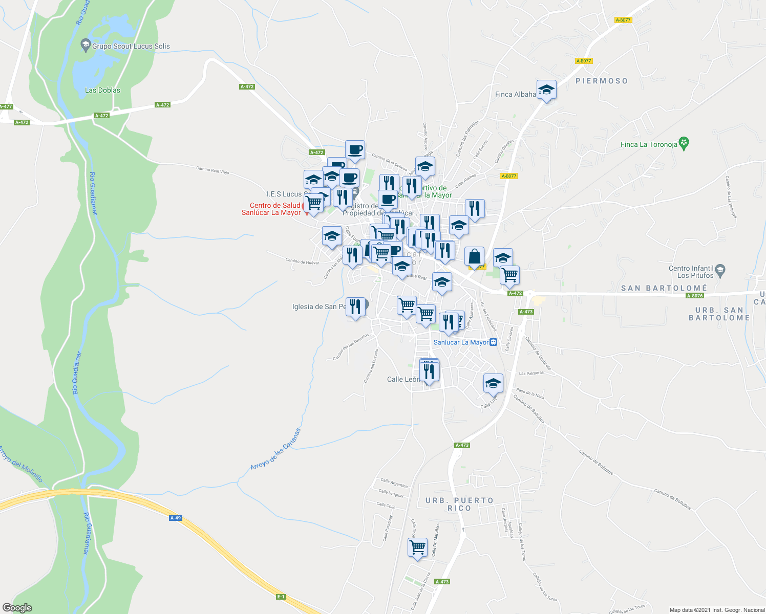 map of restaurants, bars, coffee shops, grocery stores, and more near 1 Calle Marquesa Viuda del Saltillo in Sanlúcar la Mayor