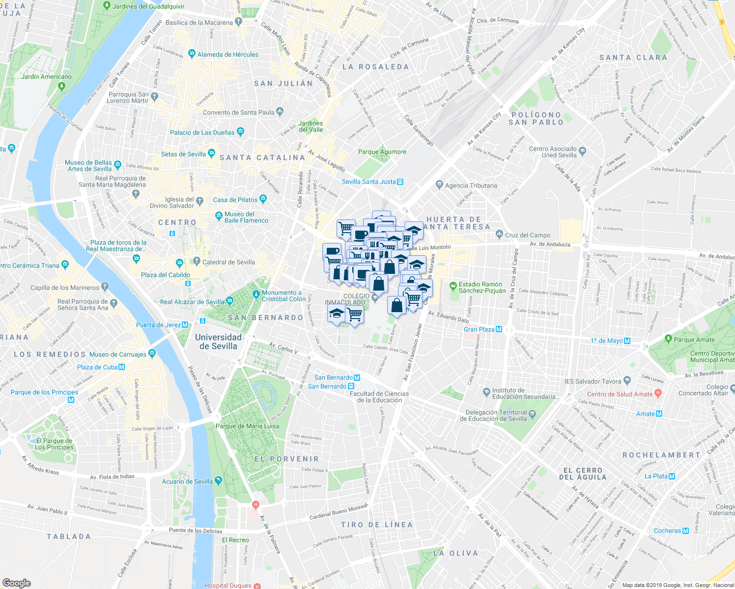 map of restaurants, bars, coffee shops, grocery stores, and more near 37 Avenida Eduardo Dato in Sevilla