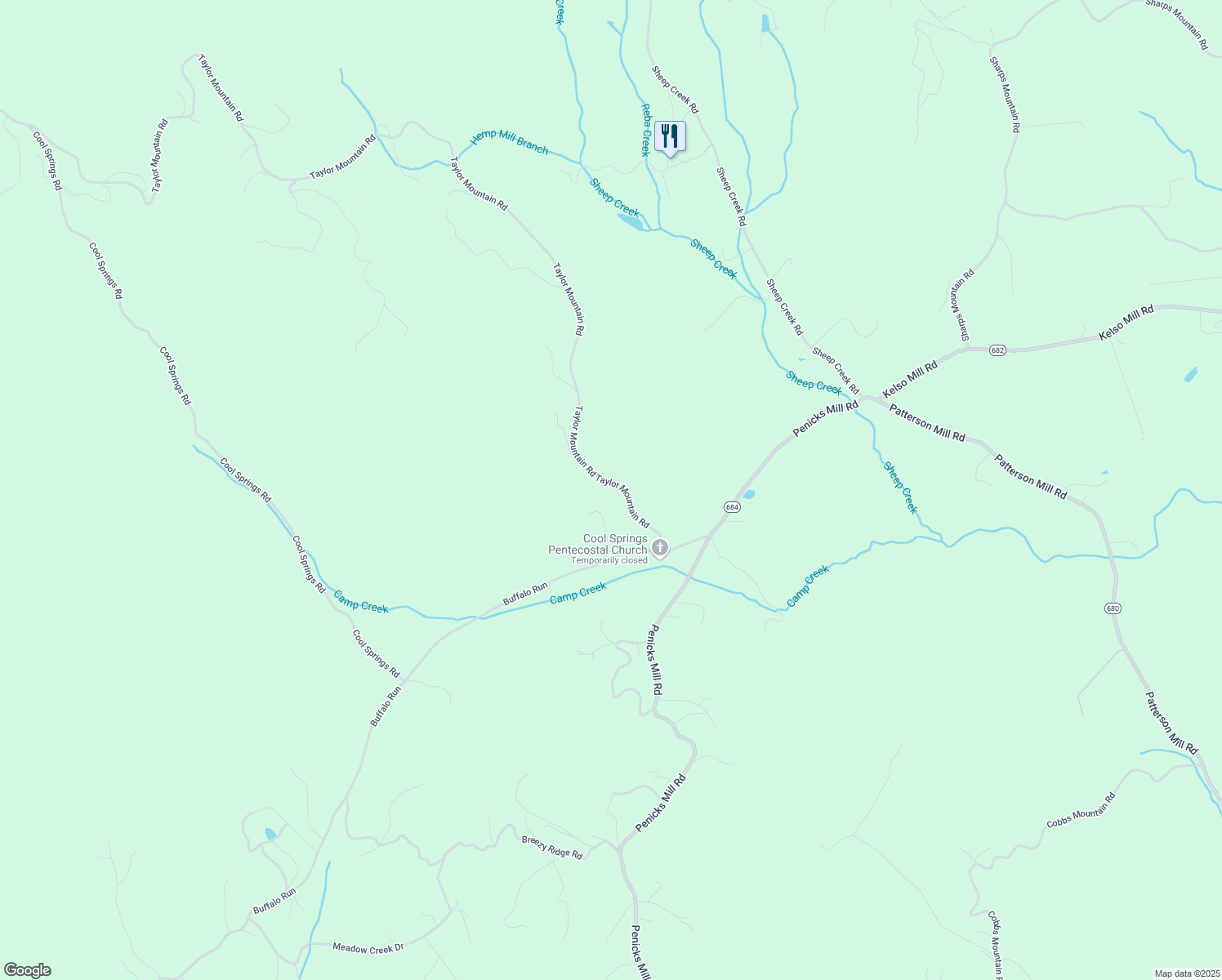 map of restaurants, bars, coffee shops, grocery stores, and more near 1260 Taylor Mountain Road in Thaxton