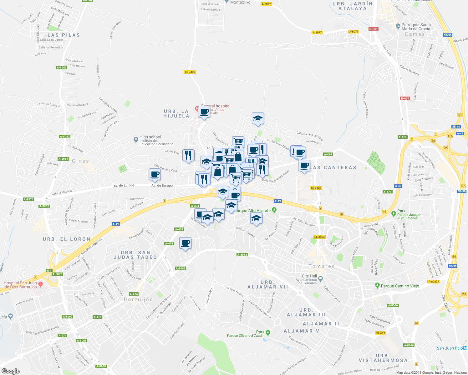 map of restaurants, bars, coffee shops, grocery stores, and more near 10 Calle Doctor Fleming in Castilleja de la Cuesta