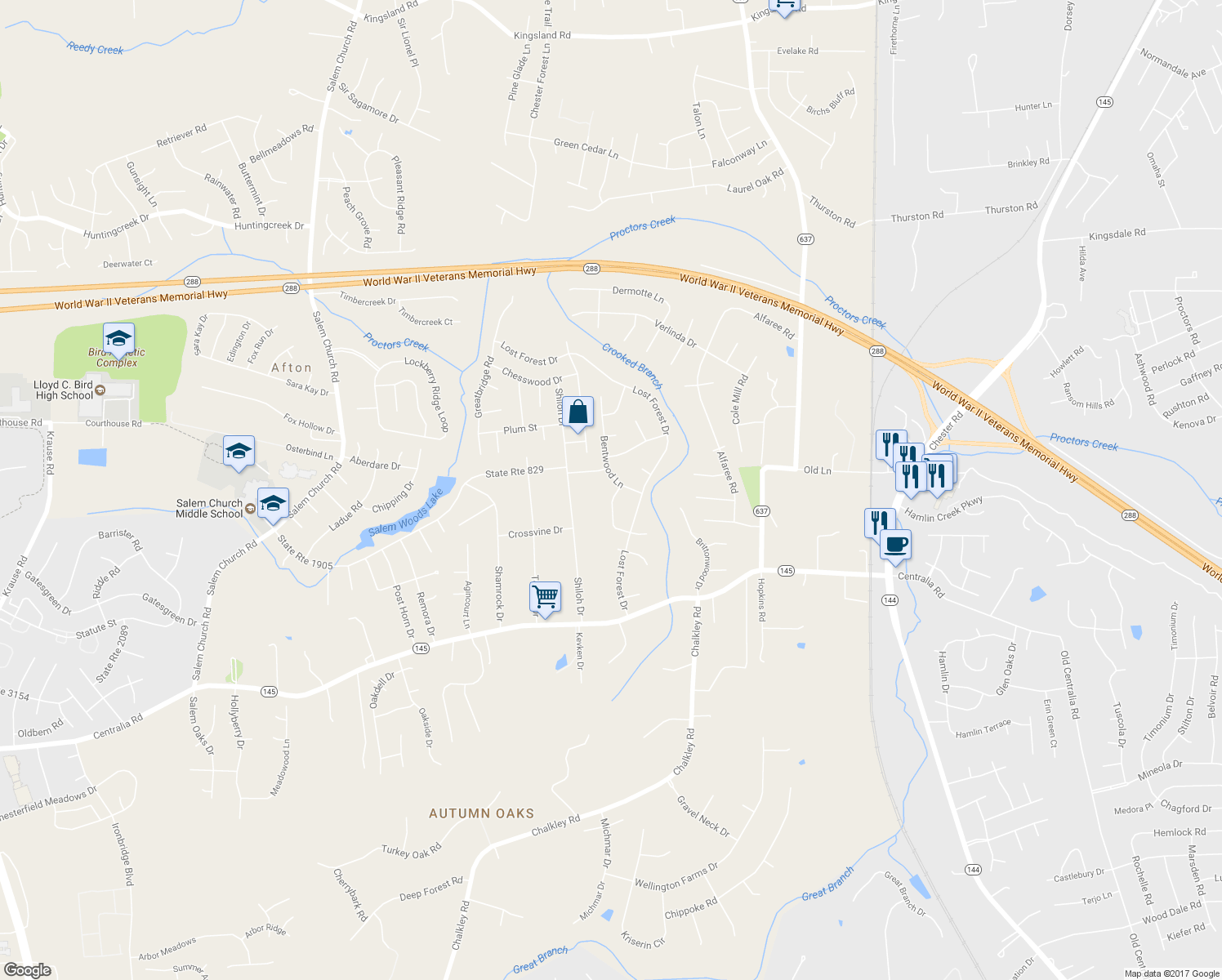 map of restaurants, bars, coffee shops, grocery stores, and more near 9518 Bent Wood Lane in Richmond
