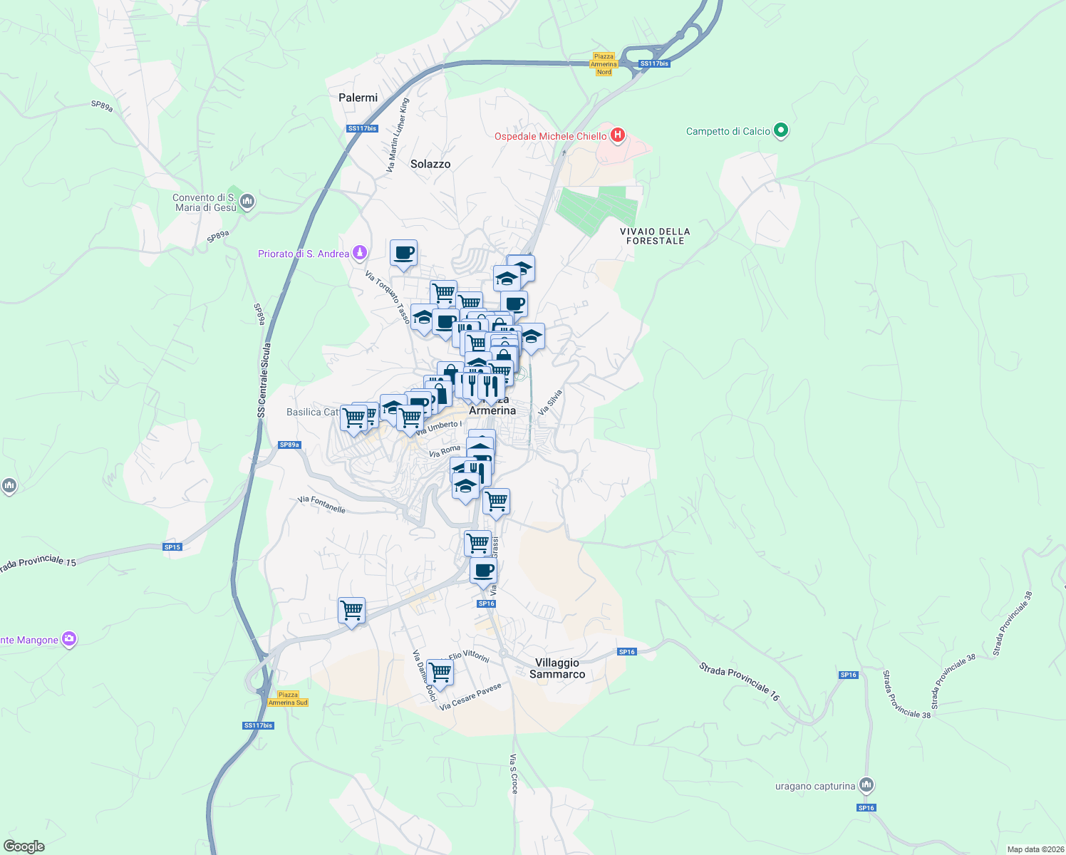 map of restaurants, bars, coffee shops, grocery stores, and more near 16 Via Cardinale Trigona in Piazza Armerina