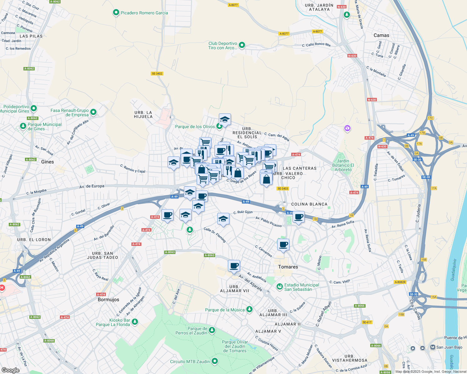 map of restaurants, bars, coffee shops, grocery stores, and more near 4 Calle Miguel Delibes in Castilleja de la Cuesta