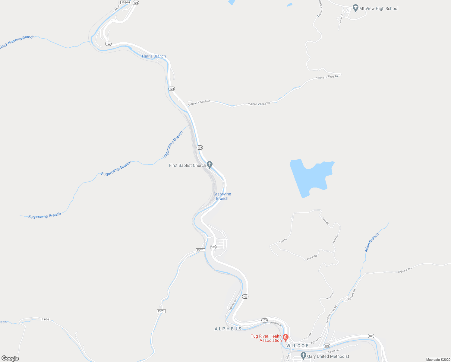 map of restaurants, bars, coffee shops, grocery stores, and more near West Virginia 103 in Welch