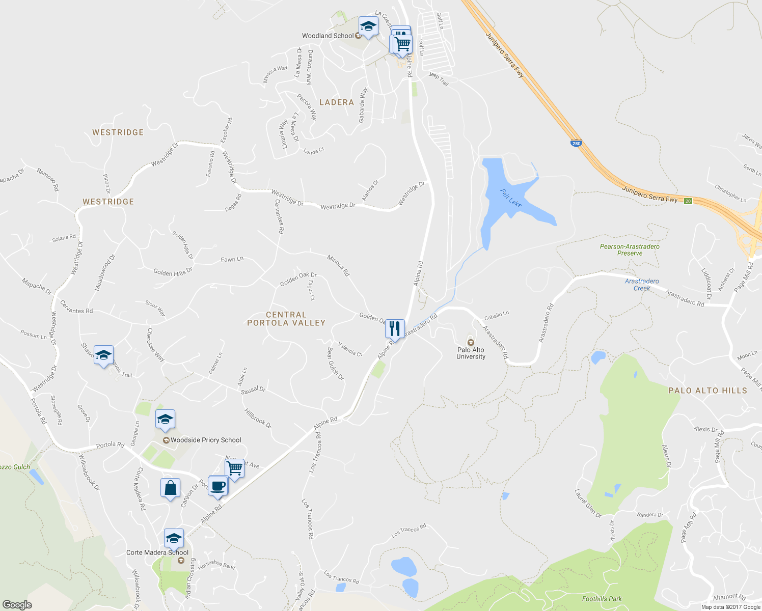 map of restaurants, bars, coffee shops, grocery stores, and more near 435 Golden Oak Drive in Portola Valley