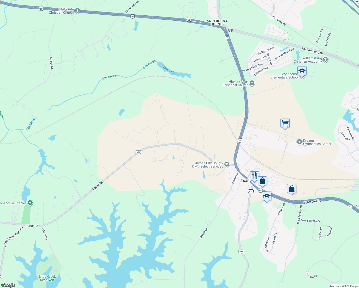 map of restaurants, bars, coffee shops, grocery stores, and more near 2899 State Route 610 in James City
