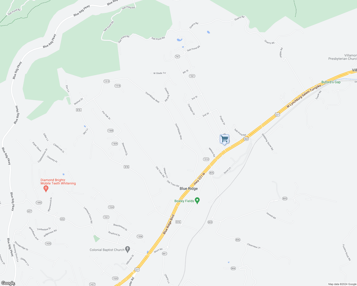 map of restaurants, bars, coffee shops, grocery stores, and more near 461 Thornblade Way in Blue Ridge
