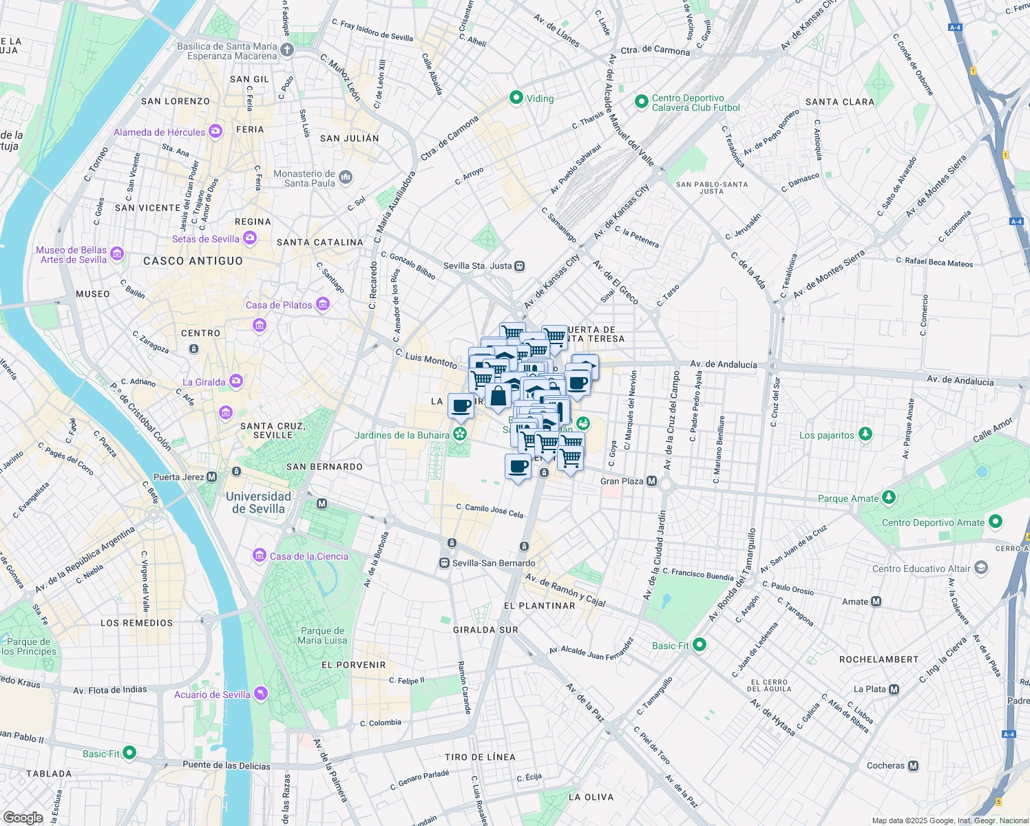 map of restaurants, bars, coffee shops, grocery stores, and more near 14 Calle Santo Domingo de la Calzada in Sevilla