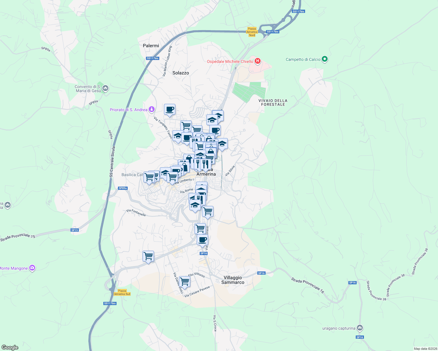 map of restaurants, bars, coffee shops, grocery stores, and more near 16 Via Cardinale Trigona in Piazza Armerina