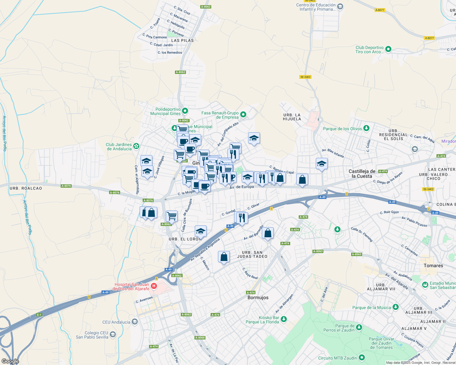 map of restaurants, bars, coffee shops, grocery stores, and more near 24a Avenida de Europa in Gines