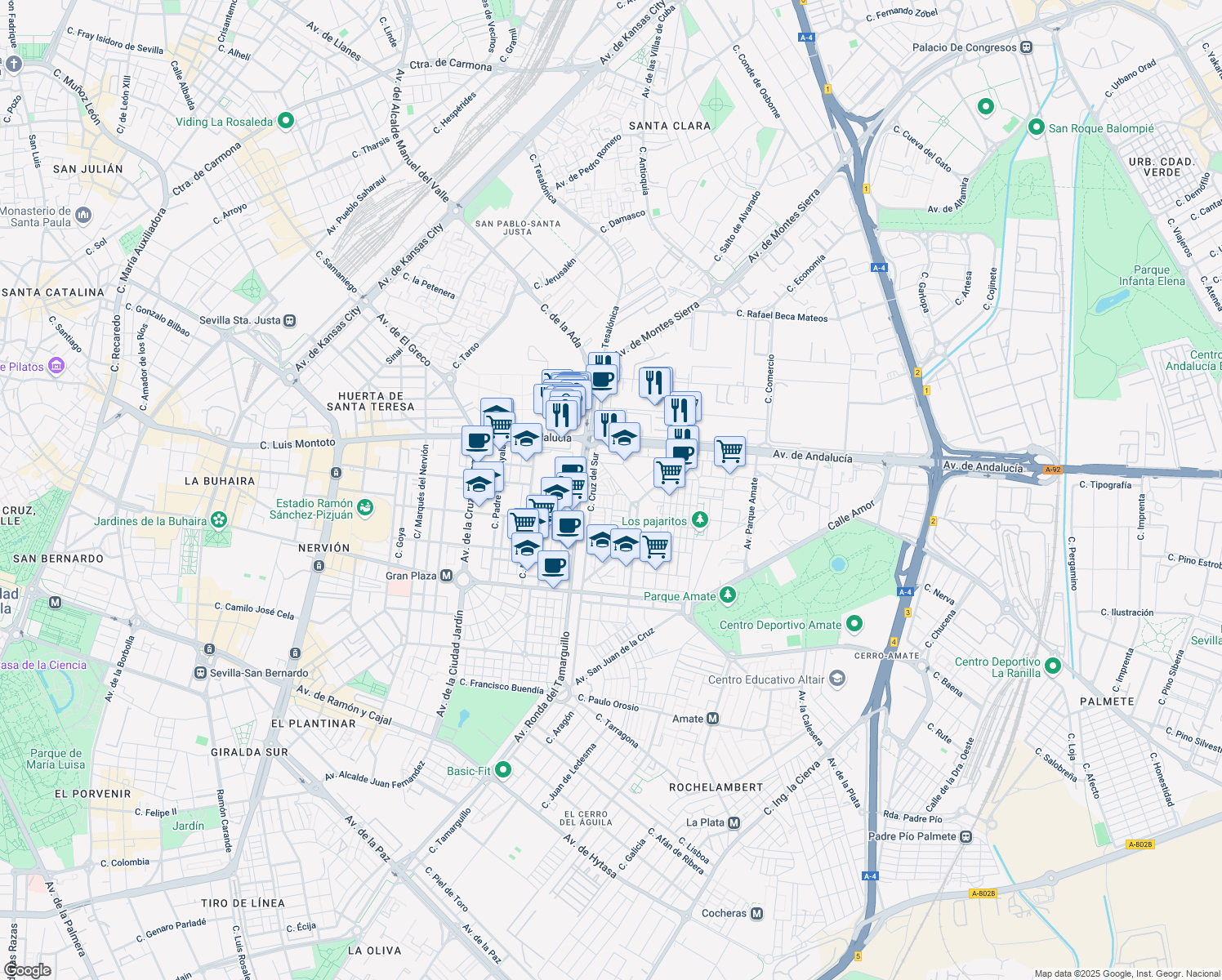 map of restaurants, bars, coffee shops, grocery stores, and more near Avenida Isabel la Católica in Sevilla