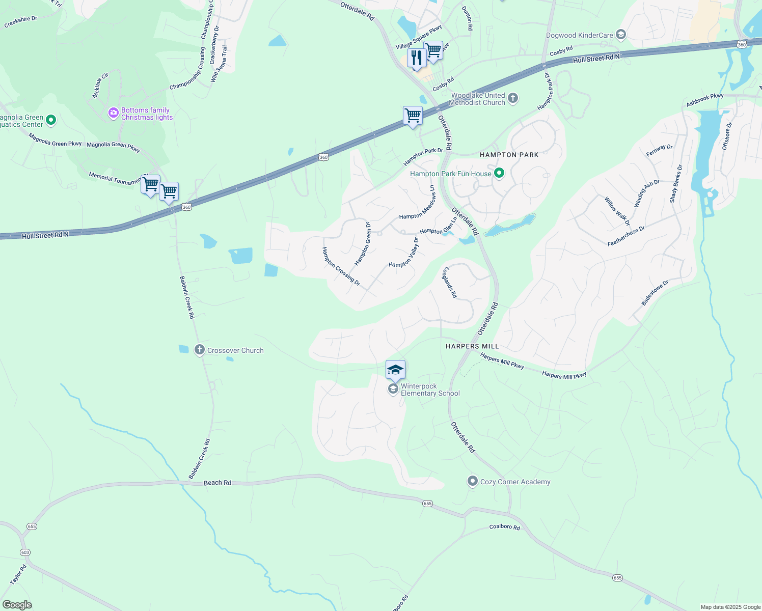 map of restaurants, bars, coffee shops, grocery stores, and more near 12320 Hampton Crossing Drive in Chesterfield