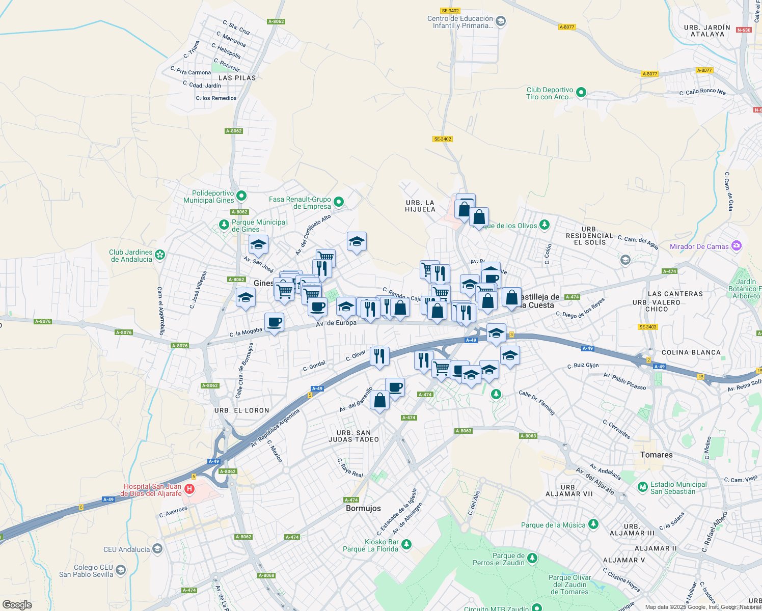 map of restaurants, bars, coffee shops, grocery stores, and more near 10 Calle Jacinto Benavente in Gines