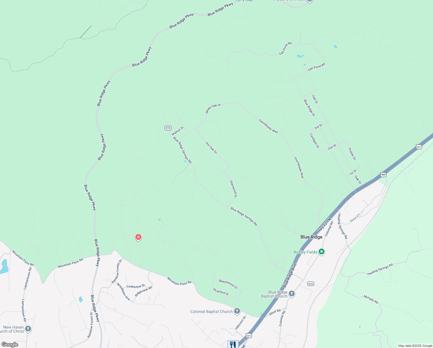 map of restaurants, bars, coffee shops, grocery stores, and more near 222 Maple Drive in Blue Ridge