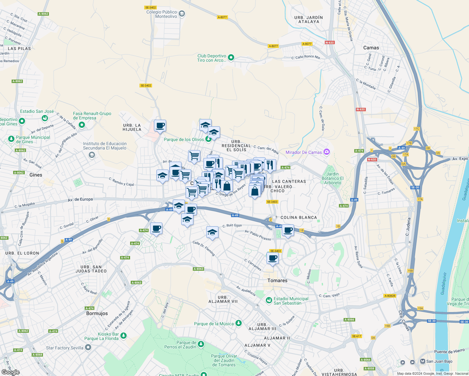 map of restaurants, bars, coffee shops, grocery stores, and more near 3 Pasaje el Huertero in Castilleja de la Cuesta