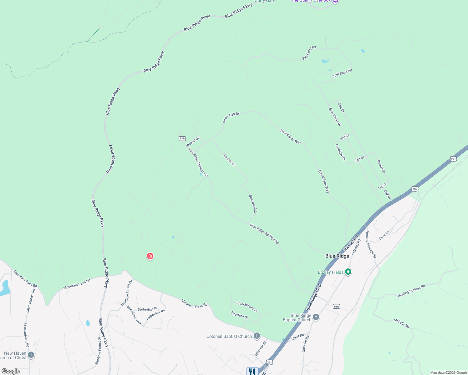 map of restaurants, bars, coffee shops, grocery stores, and more near 222 Maple Drive in Blue Ridge