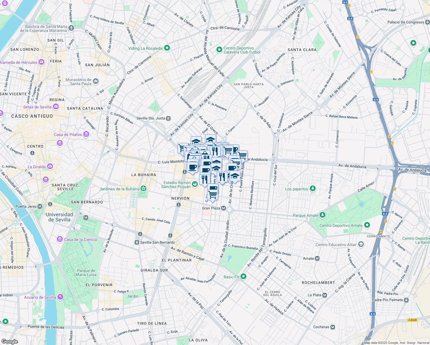 map of restaurants, bars, coffee shops, grocery stores, and more near in Seville
