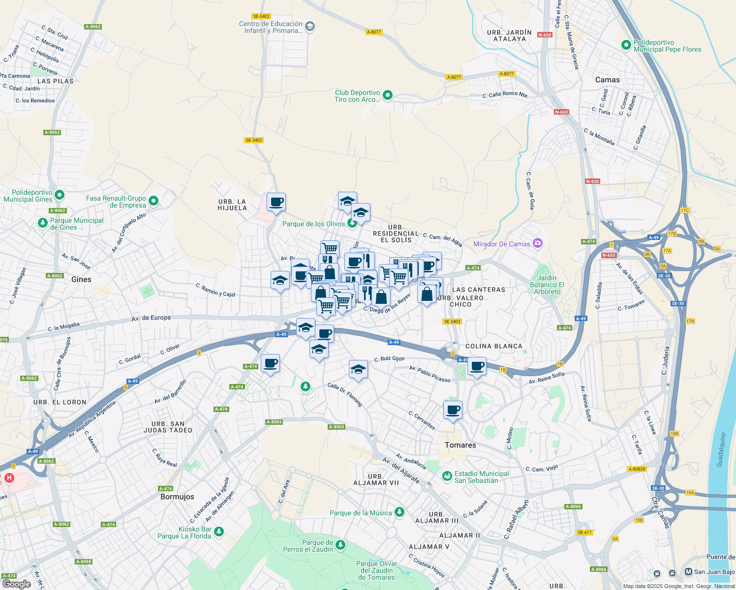 map of restaurants, bars, coffee shops, grocery stores, and more near Calle Real in Castilleja de la Cuesta