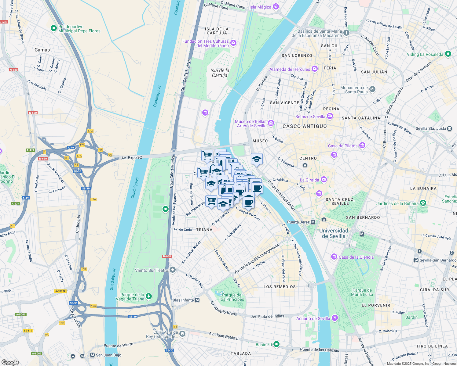 map of restaurants, bars, coffee shops, grocery stores, and more near 59 Calle Alfarería in Sevilla