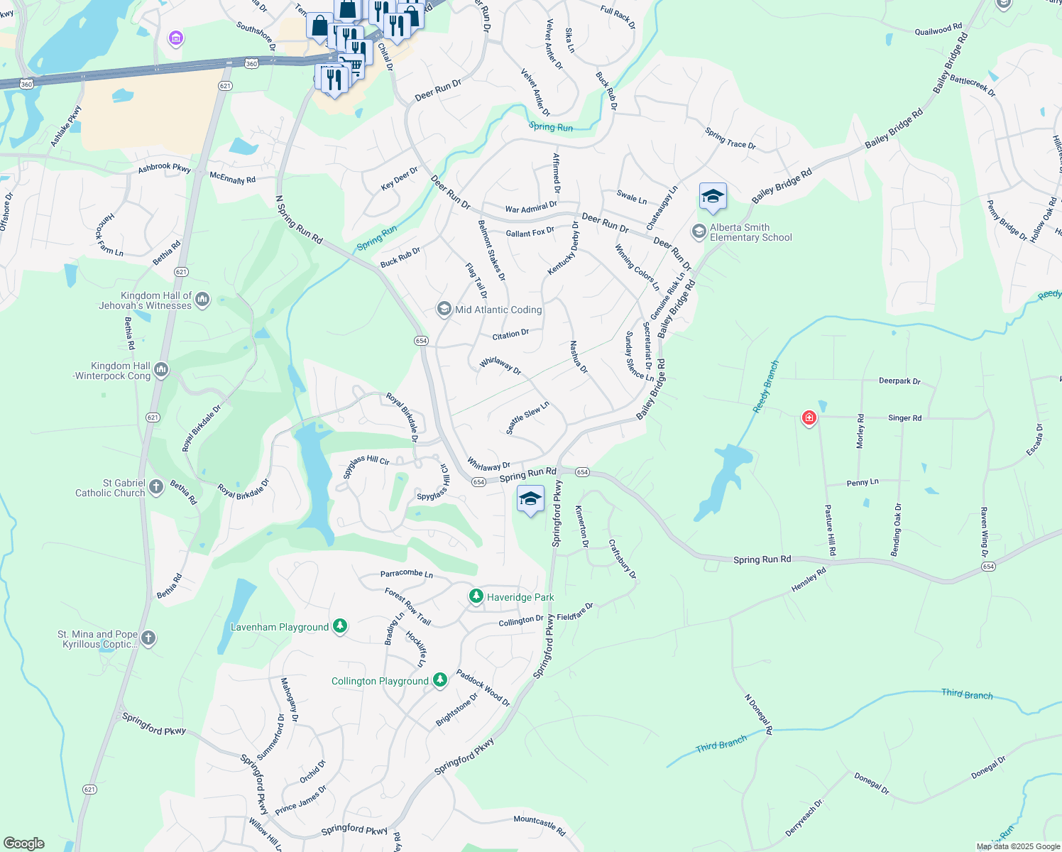 map of restaurants, bars, coffee shops, grocery stores, and more near 8206 Seattle Slew Terrace in Midlothian