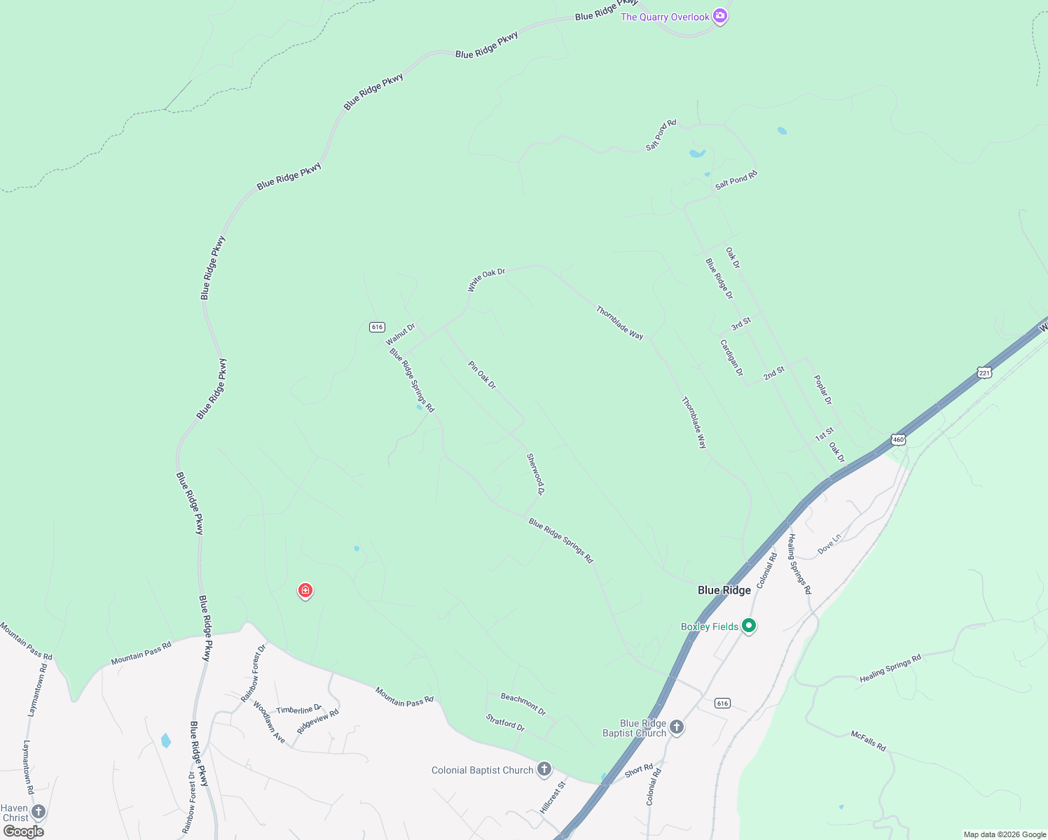 map of restaurants, bars, coffee shops, grocery stores, and more near 101 Pin Oak Drive in Blue Ridge