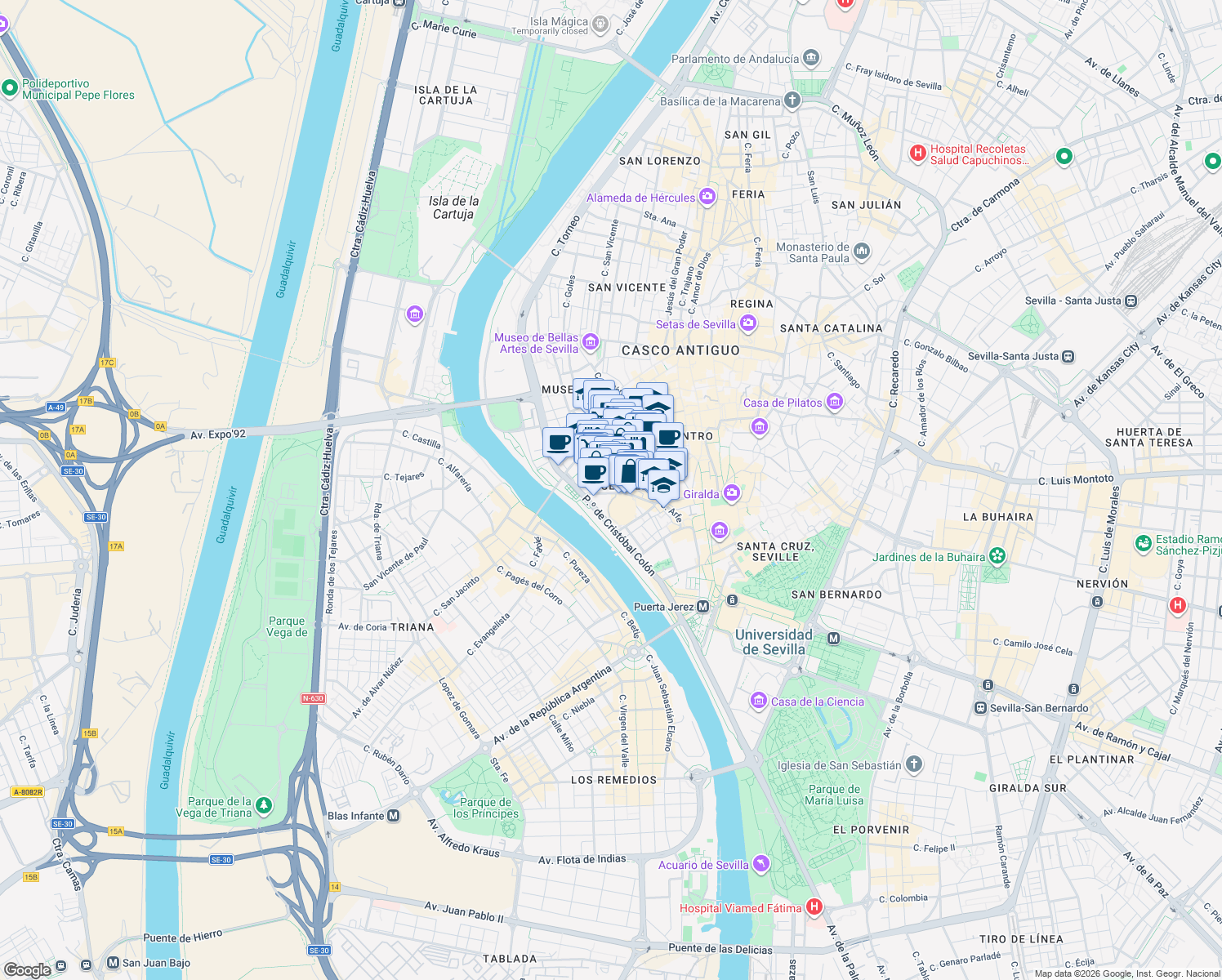 map of restaurants, bars, coffee shops, grocery stores, and more near 24 Calle Adriano in Sevilla