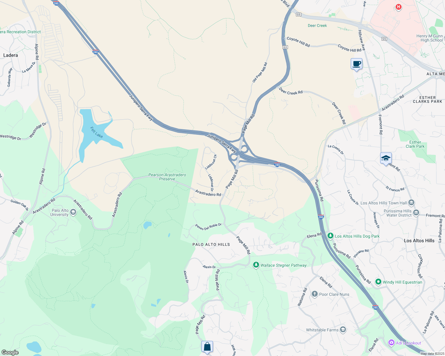 map of restaurants, bars, coffee shops, grocery stores, and more near Amherst Court in Los Altos Hills