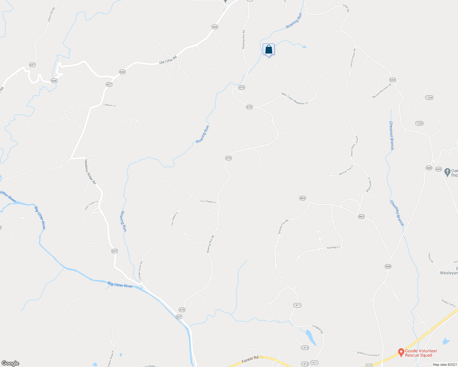 map of restaurants, bars, coffee shops, grocery stores, and more near 2745 Roaring Run Road in Goode