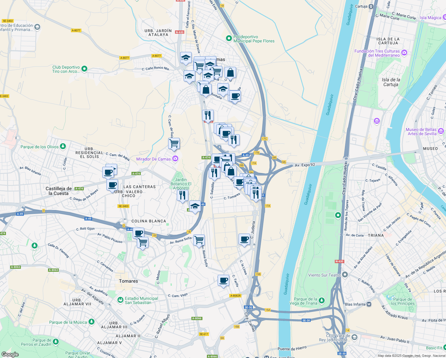 map of restaurants, bars, coffee shops, grocery stores, and more near 11 Calle Castilleja de la Cuesta in Camas