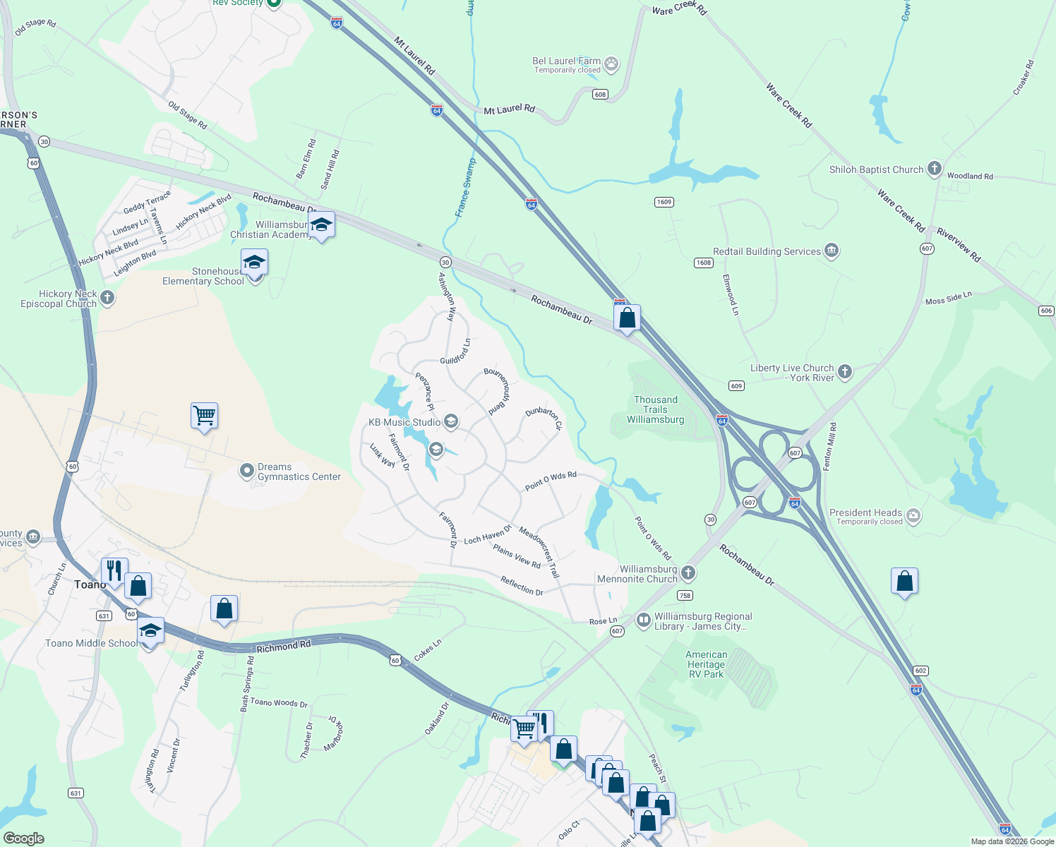 map of restaurants, bars, coffee shops, grocery stores, and more near 4016 Dunbarton Circle in Williamsburg