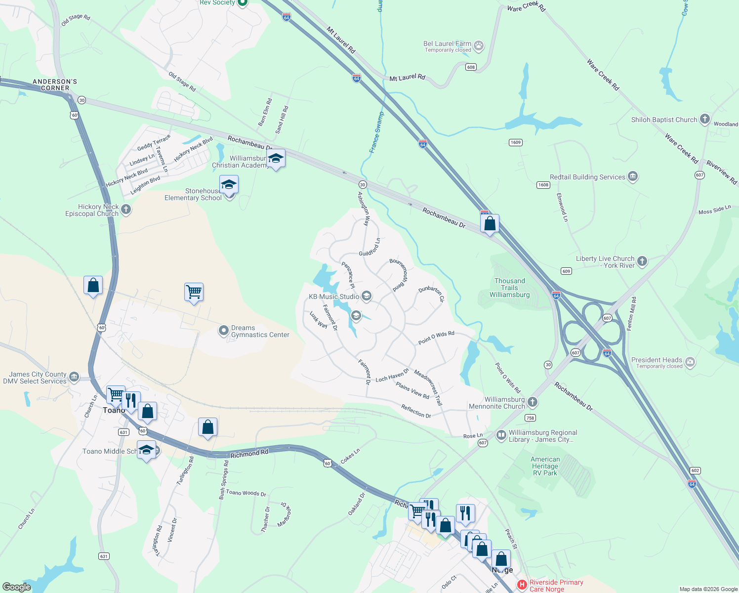 map of restaurants, bars, coffee shops, grocery stores, and more near 4009 Penzance Place in Williamsburg