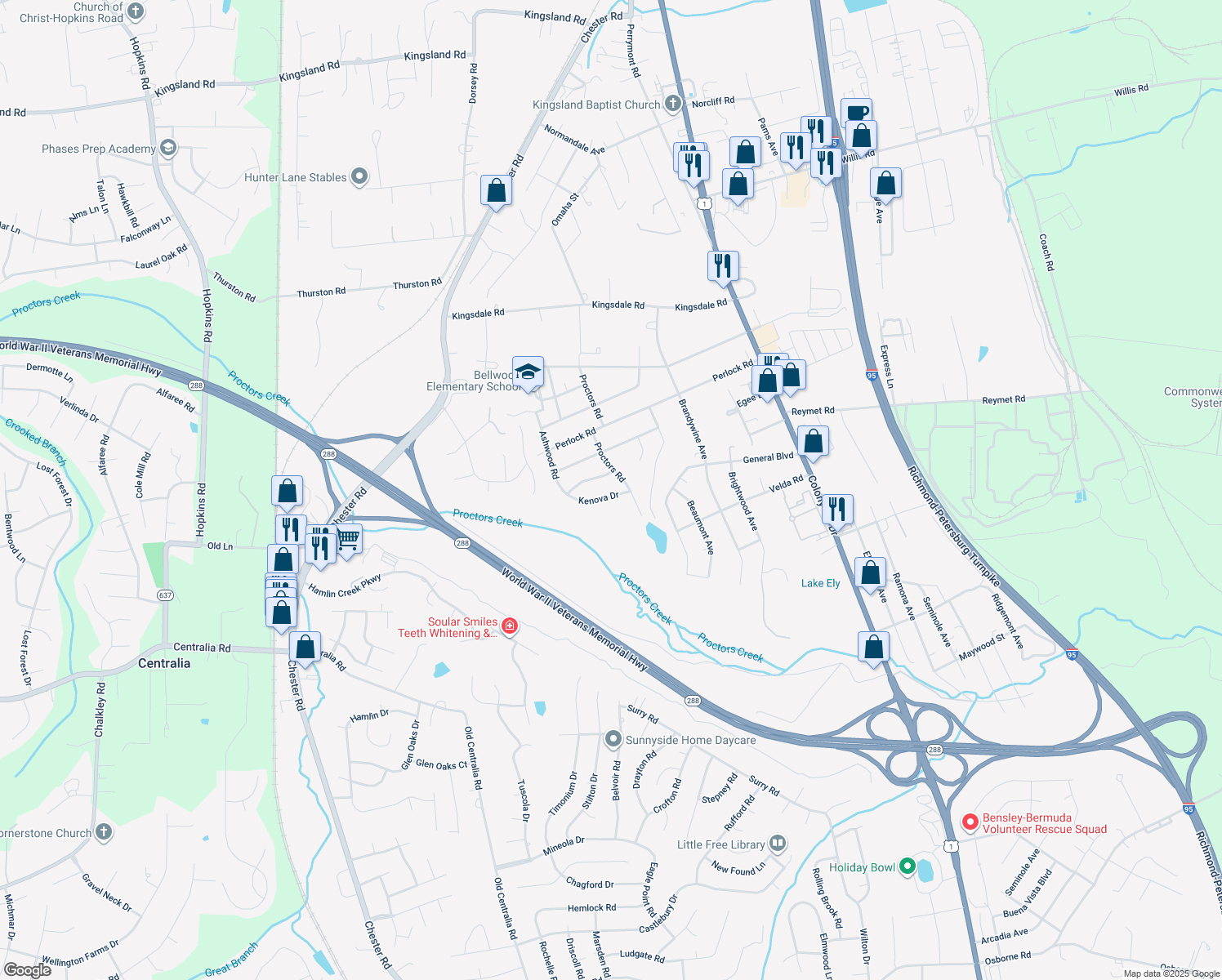 map of restaurants, bars, coffee shops, grocery stores, and more near 3018 Kenova Drive in Richmond