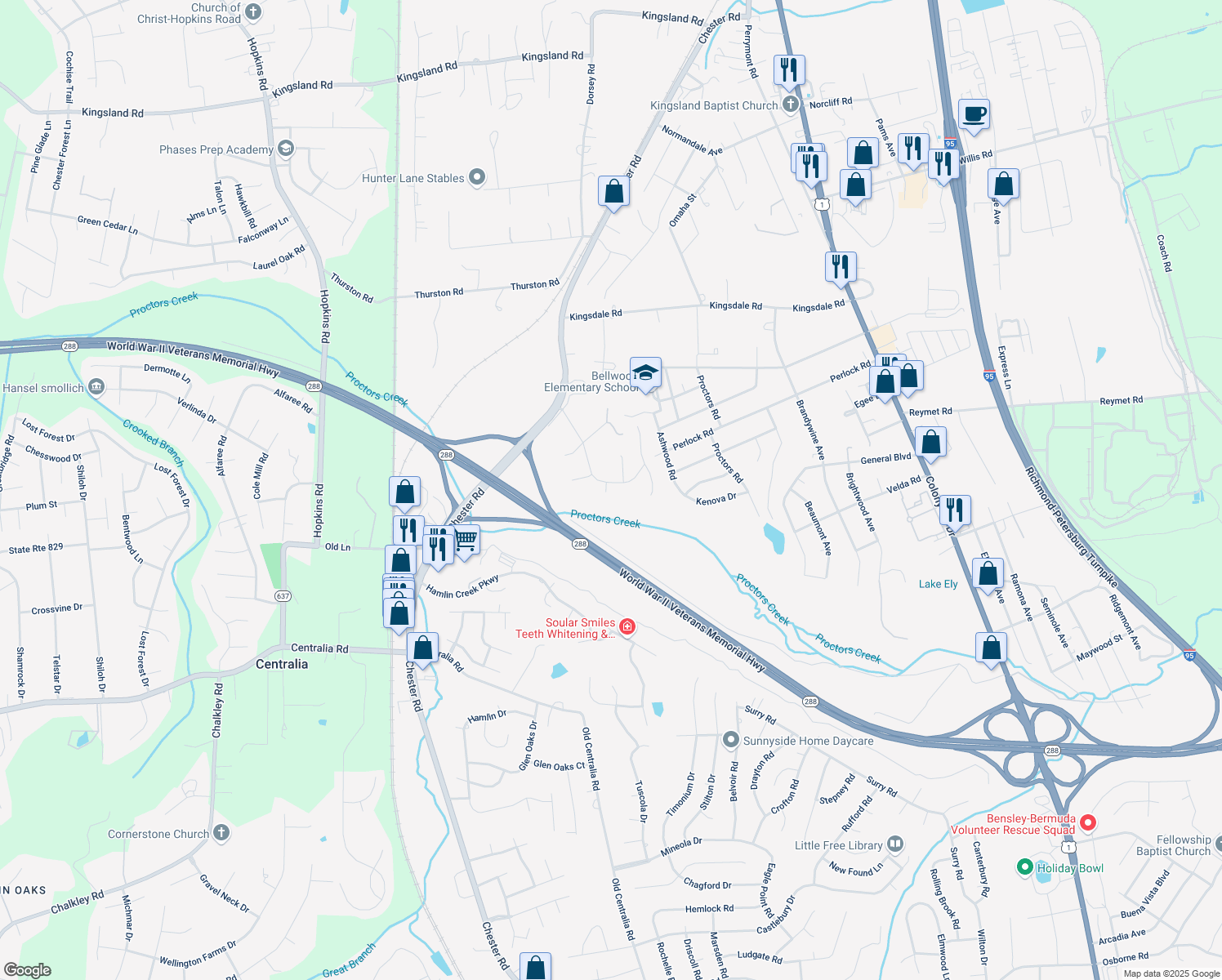 map of restaurants, bars, coffee shops, grocery stores, and more near 9707 Ransom Hills Turn in Richmond